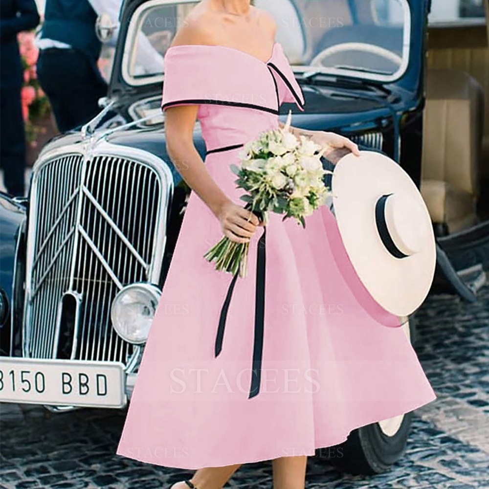 A-Line Off the Shoulder Princess Tea Length Sleeveless Dress